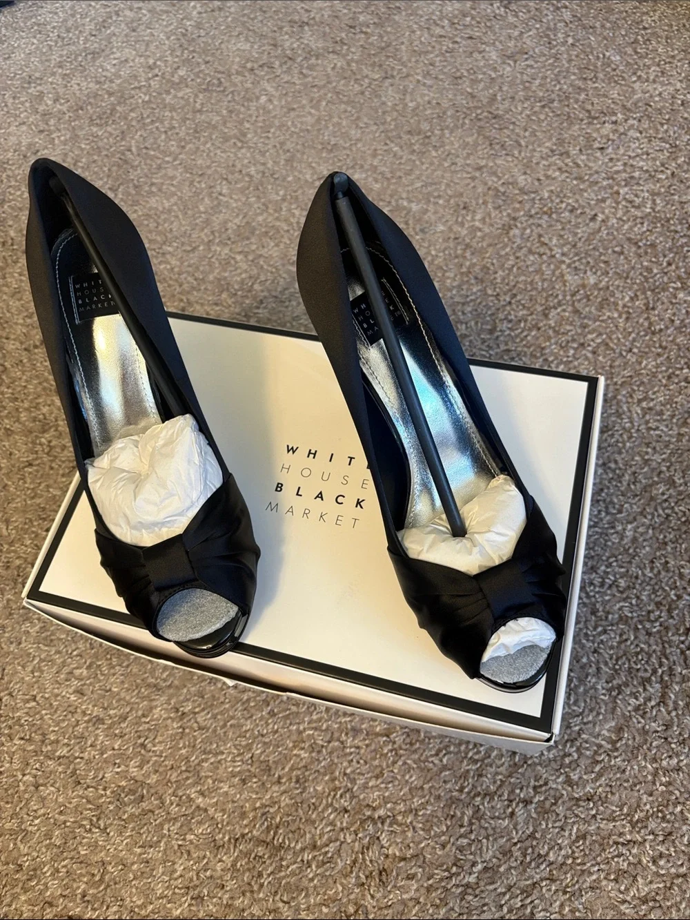 White House Black Market Black Satin Peep-Toe Knot Pumps